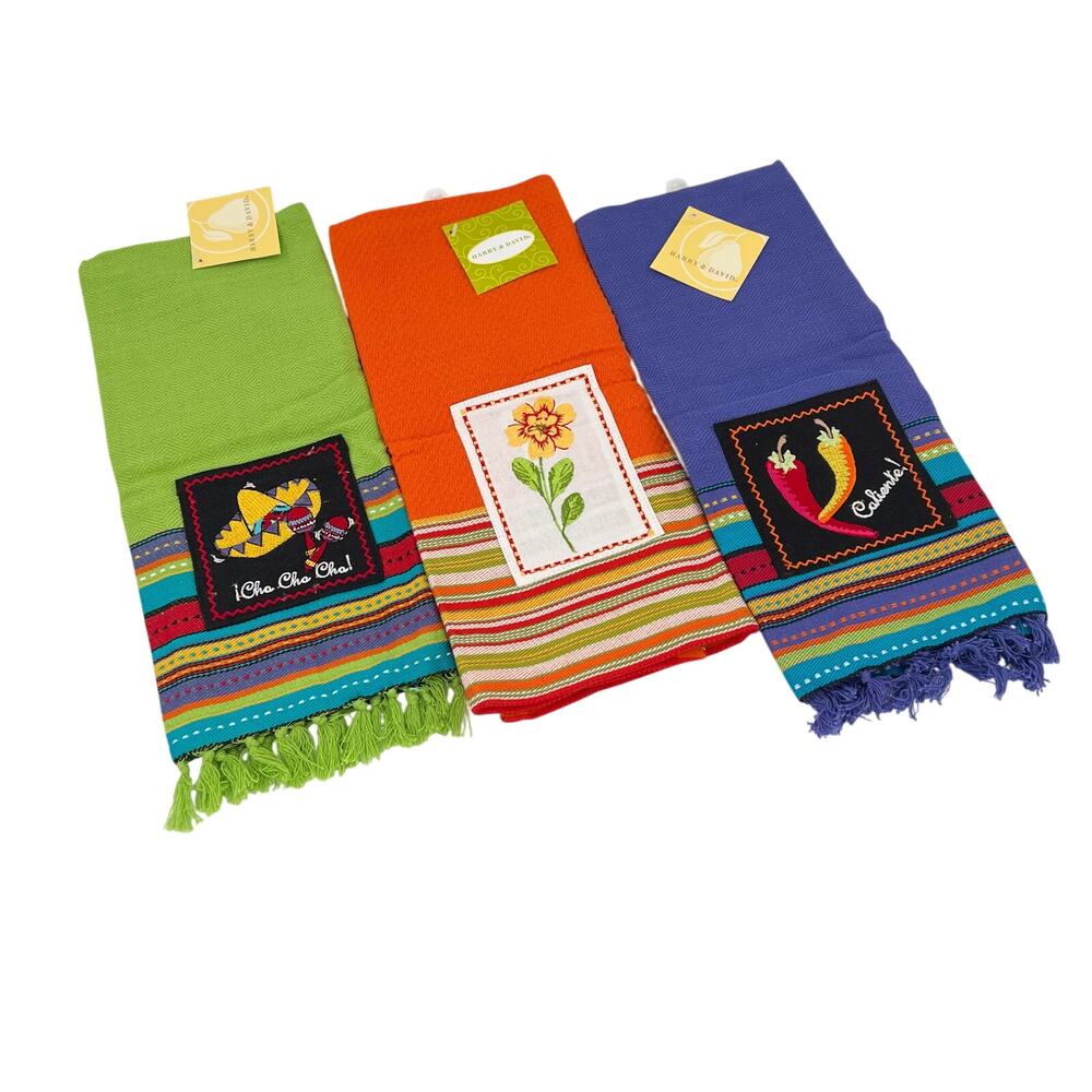 Harry & David "Caliente" “Cha Cha Cha” embroidered kitchen dish towels -set of 3